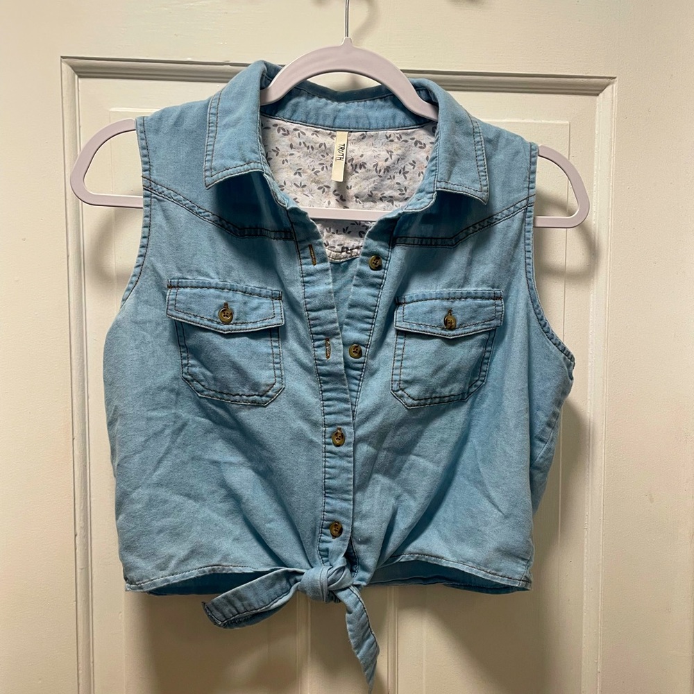 Large Floral Detail Denim Tie Top
